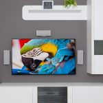 Wall-mounted flat-screen TV displaying a colorful parrot, surrounded by modern white cabinets and speakers